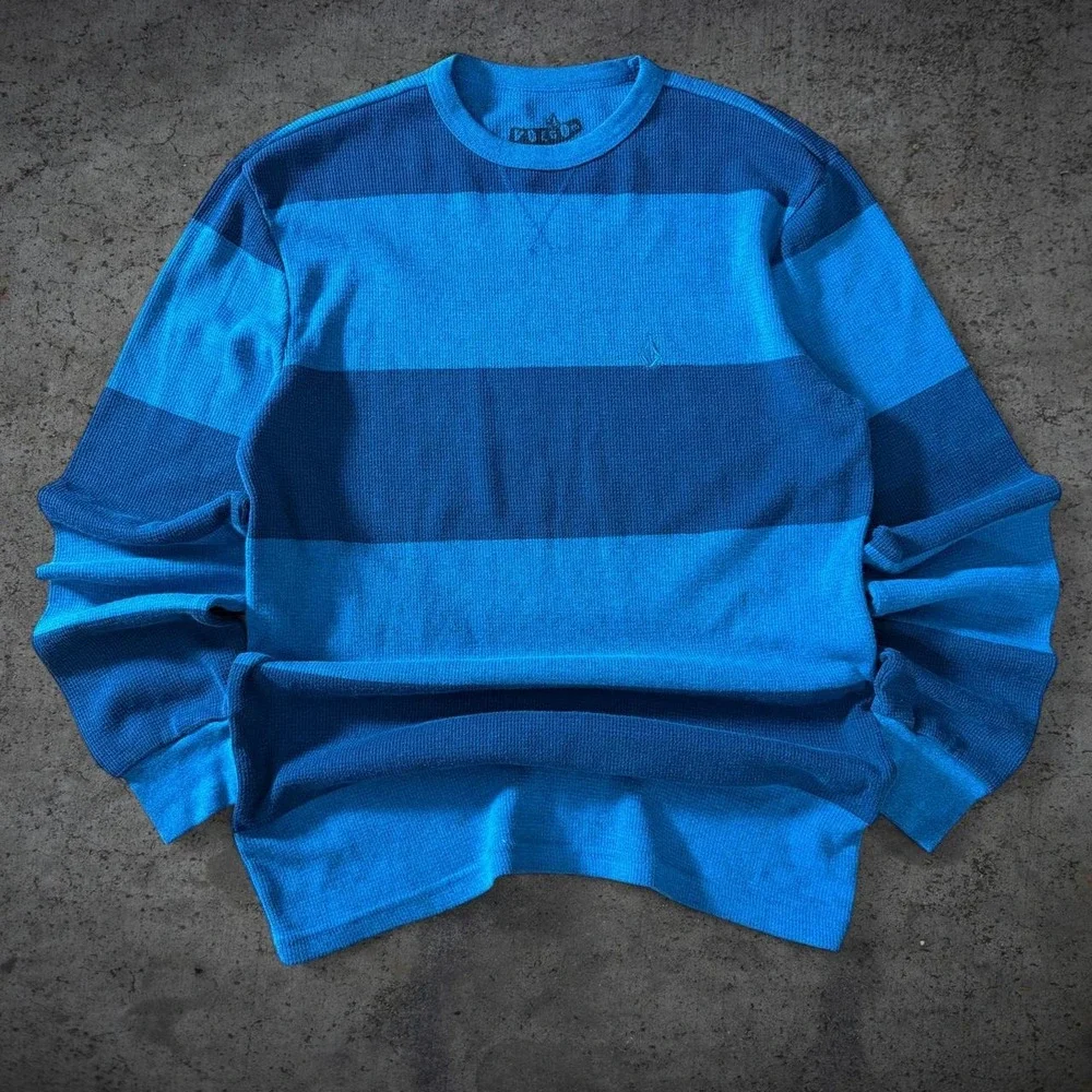 Volcom Skate Striped Waffle Knit Thermal Long Sleeve Shirt Size Medium Y2K Surf